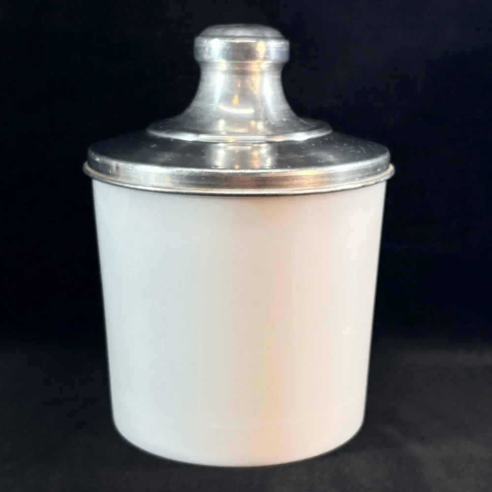 Vintage Carnation Malted Milk Glass Canister with Aluminum Lid White Retro Decor